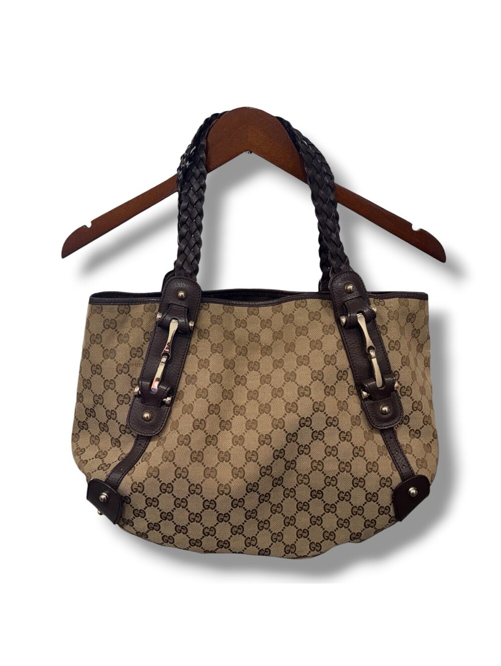 Authentic Gucci GG Canvas Pelham Tote Bag Braided Leather Handles READ